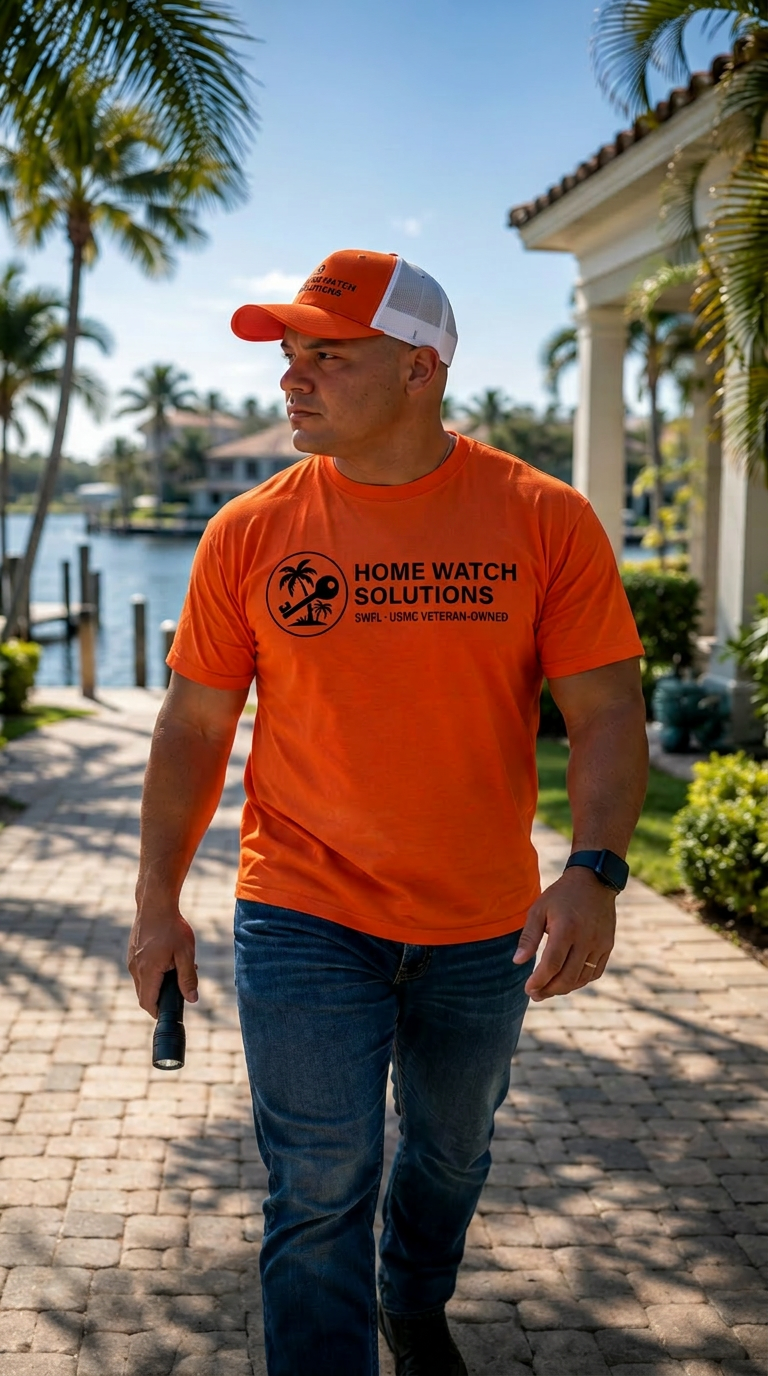 Home watch inspector walking the exterior of a Southwest Florida luxury home at golden hour